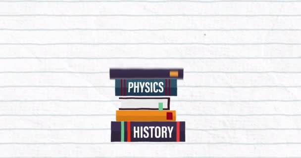 Κινούμενα Σχέδια Της Φυσικής Της Ιστορίας Κείμενο Γυαλιά Μολύβια Βιβλία — Αρχείο Βίντεο