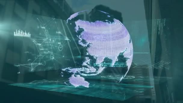 Animation Der Datenverarbeitung Über Globus Und Stadtbild Globales Geschäft Datenverarbeitung — Stockvideo