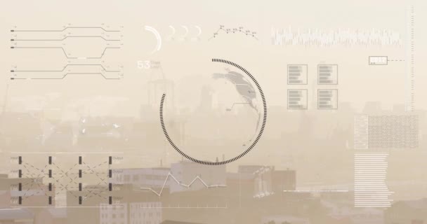Animation Von Diagrammen Ladekreisen Balken Globus Kreis Gegen Luftaufnahme Der — Stockvideo