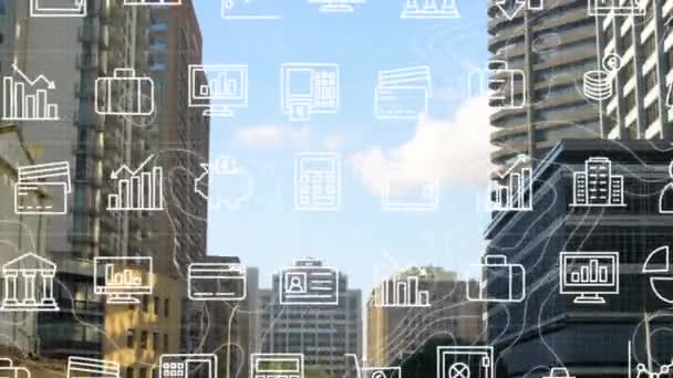 城市景观上的数据处理动画 全球商业 数据处理 计算和数字接口概念 — 图库视频影像