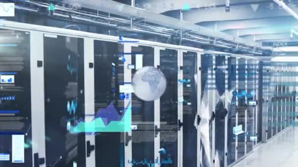 Animação Globo Processamento Dados Financeiros Sobre Servidores Computador Conceito Global — Vídeo de Stock