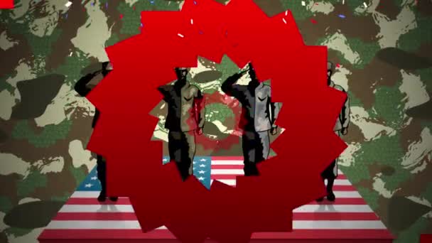 Animacja Konfetti Czerwonych Kształtów Nad Salutującymi Żołnierzami Amerykańską Flagą Kamuflażem — Wideo stockowe