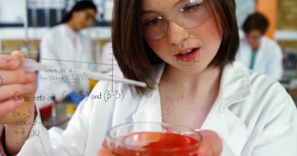 学校の実験室で実験を行う白人女の子に数学方程式のアニメーション 教育理念 — ストック動画