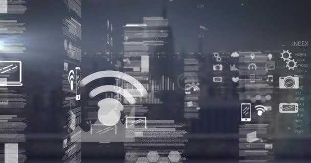 Animatie Van Gegevensverwerking Het Stadsgezicht Wereldwijd Bedrijfs Gegevensverwerkings Computer Digitaal — Stockvideo
