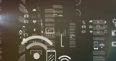 Siyah arkaplanda simgelerle veri işleme animasyonu. Küresel iş, bilgisayar ve dijital arayüz kavramı dijital olarak oluşturulmuş video.