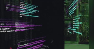 Animation of data processing against computer server room. Computer interface and business data storage technology concept