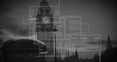 Büyük Ben kulesinin görüntüsüyle veri işleme arayüzünün animasyonu. Bilgisayar arayüzü ve iş teknolojisi kavramı