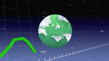 Mavi gradyan arkaplana karşı dönen dünya üzerinde istatistiksel veri işleme animasyonu. Küresel ağ ve iş veri teknolojisi kavramı