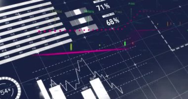 Animation of financial and statistical data processing against blue background. Global finance and business data technology concept