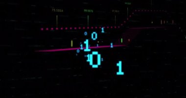 Finansal veri işleme animasyonu ve siyah arkaplana karşı ikili kodlama. Küresel finans ve iş teknolojisi kavramı