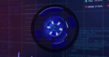 İstatistiksel ve borsa veri işleme üzerinde dönen yuvarlak tarayıcının animasyonu. Küresel ekonomi ve iş veri teknolojisi kavramı