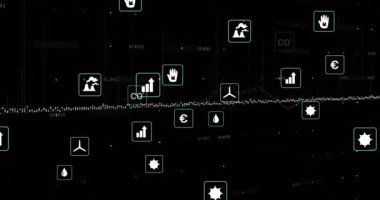 Siyah arkaplan üzerinde çoklu dijital simge ve veri işleme animasyonları. Bilgisayar arayüzü ve iş teknolojisi kavramı