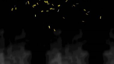 Fotokopi alanı ile siyah zemine düşen altın konfetilerin animasyonu. Parti, etkinlik ve kutlama konsepti