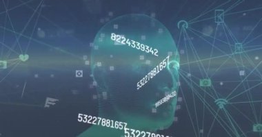 Dijital simge ağının animasyonu ve dönen insan kafası modeli üzerinden değişen sayılar. Tıbbi araştırma ve bilim teknolojisi kavramı