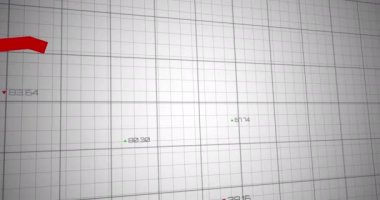 Kırmızı çizgilerin animasyonu ve şebeke üzerinde finansal veri işleme. Küresel iş, finans, hesaplama ve veri işleme kavramı dijital olarak oluşturulmuş video.