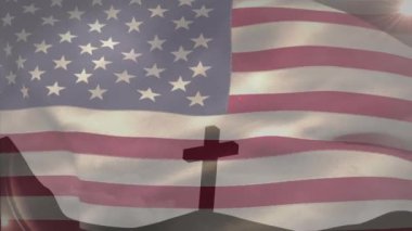Hristiyan haçı ve Amerika Birleşik Devletleri bayrağının animasyonu. Hristiyanlık, inanç ve din kavramı dijital olarak oluşturulmuş video.