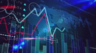 Mavi arka planla dünya haritasında istatistiksel ve borsa veri işleme animasyonu. Küresel ekonomi ve iş veri teknolojisi kavramı
