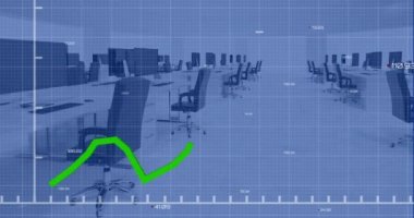 Boş ofise karşı şebeke üzerinden istatistiksel veri işleme animasyonu. Bilgisayar arayüzü ve iş teknolojisi kavramı