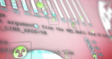 Dünya haritasında ekolojik simgelerin ve veri işlemenin animasyonu. Küresel çevre, iş, finans, hesaplama ve veri işleme kavramı dijital olarak oluşturulmuş video.