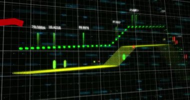 Siyah arkaplana karşı şebeke üzerinden istatistiksel ve finansal veri işleme animasyonu. Küresel finans ve iş veri teknolojisi kavramı