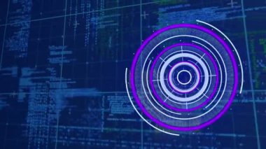 Yuvarlak tarayıcının animasyonu ve veri işleme şebekesi üzerinde mavi arkaplan ile karşılaştırılıyor. Bilgisayar arayüzü ve iş teknolojisi kavramı