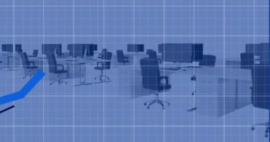 Animation of statistical data processing over grid network against empty office. Computer interface and business data technology concept