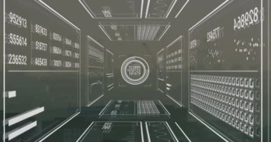 Şehir manzarasının havadan görüntüsüne karşı veri işleme arayüzünün animasyonu. Bilgisayar arayüzü ve iş teknolojisi kavramı