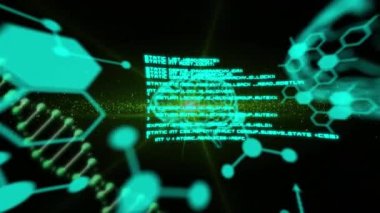 DNA iplikçikleri, insan beyni ve veri işleme animasyonları. Küresel bilim, araştırma, hesaplama ve veri işleme kavramı dijital olarak oluşturulmuş video.