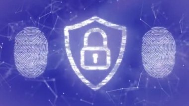 Güvenlik kilidinin animasyonu, biyometrik parmak izi tarayıcısı ve bağlantı ağı. Siber güvenlik ve iş teknolojisi kavramı