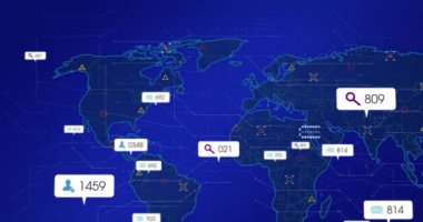 Dünya haritasında ekolojik simgelerin ve veri işlemenin animasyonu. Küresel çevre, iş, finans, hesaplama ve veri işleme kavramı dijital olarak oluşturulmuş video.