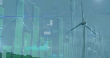 Mavi gökyüzüne karşı dönen yel değirmeni üzerinde istatistiksel veri işleme animasyonu. Yenilenebilir enerji ve iş veri teknolojisi kavramı