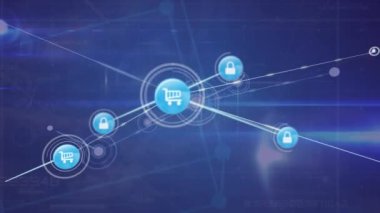 Mavi arka planda dijital simgelerin ve ışık izlerinin animasyonu. Küresel ağ ve iş teknolojisi kavramı