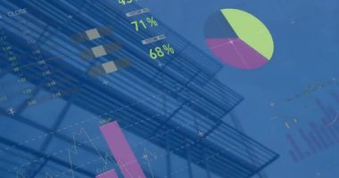 Yüksek binanın düşük açılı görüntüsüyle istatistiksel veri işleme animasyonu. Bilgisayar arayüzü ve iş veri teknolojisi kavramı