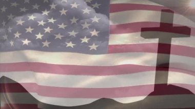 Hristiyan haçı ve Amerika Birleşik Devletleri bayrağının animasyonu. Hristiyanlık, inanç ve din kavramı dijital olarak oluşturulmuş video.