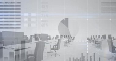 Animation of statistical data processing over grid network against empty office. Computer interface and business data technology concept