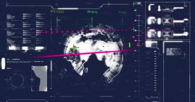 Mavi arka planda dönen dünya üzerinde finansal veri işleme arayüzünün animasyonu. Küresel finans ve iş teknolojisi kavramı