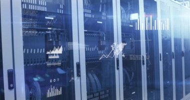 Animation of statistical data processing against computer server room. Computer interface and business data storage technology concept