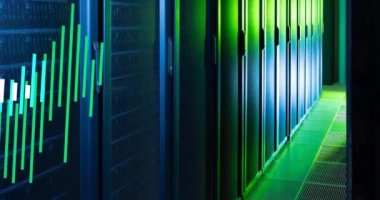 Animation of data processing against computer server room. Computer interface and business data storage technology concept