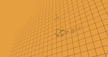 Matematiksel denklemlerin turuncu arkaplan ile ızgara ağı üzerinden animasyonu. Okul ve eğitim teknolojisi kavramı