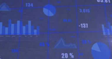 Gri arkaplan üzerinde istatistiksel veri işleme ve ışık noktası animasyonu. Bilgisayar arayüzü ve iş veri teknolojisi kavramı
