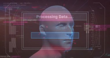 Pembe arka planda dönen insan kafası modeli üzerinde veri işleme arayüzü animasyonu. Tıbbi araştırma ve bilim teknolojisi kavramı