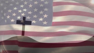 Hristiyan haçı ve Amerika Birleşik Devletleri bayrağının animasyonu. Hristiyanlık, inanç ve din kavramı dijital olarak oluşturulmuş video.