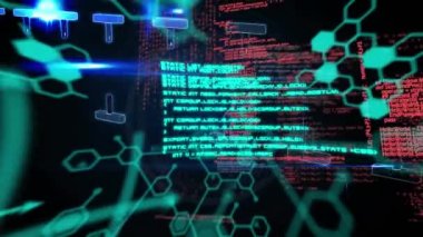 DNA iplikçiklerinin dönmesi ve veri işleme animasyonu. Küresel bilim, araştırma, hesaplama ve veri işleme kavramı dijital olarak oluşturulmuş video.
