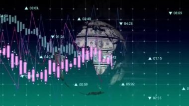 Veri işleme animasyonu ve yeşil gradyan arka planına karşı dolar banknotlarının küresi. Küresel ekonomi ve iş teknolojisi kavramı