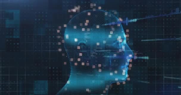 回転する人間の頭部モデルに対するデジタルアイコンとデータ処理のネットワークのアニメーション 医学研究科学技術概念 — ストック動画