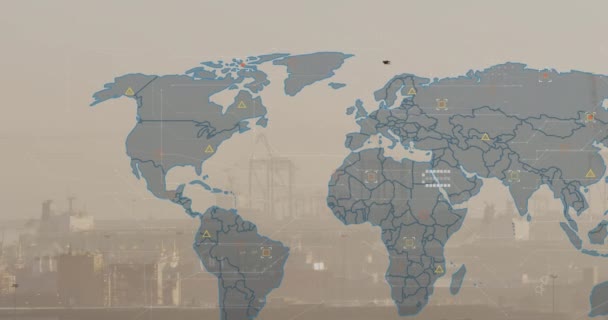 Анимирование Карты Мира Обработка Данных Фоне Аэрофотосъемки Города Концепция Глобальных — стоковое видео