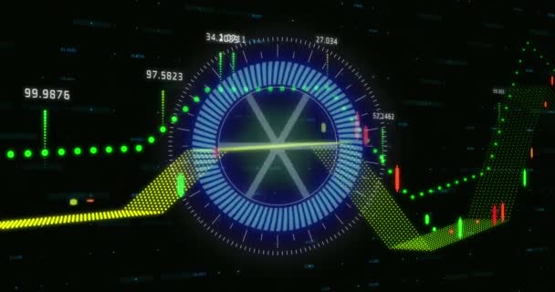 Animatie Van Verwerking Van Financiële Gegevens Neon Ronde Scanner Spinnen — Stockvideo