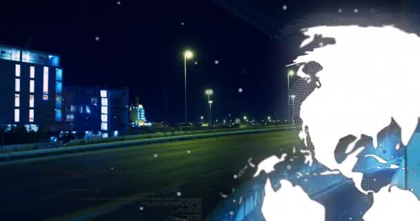 Анимация Белых Сотов Вращающегося Глобуса Фоне Ночного Городского Трафика Концепция — стоковое видео