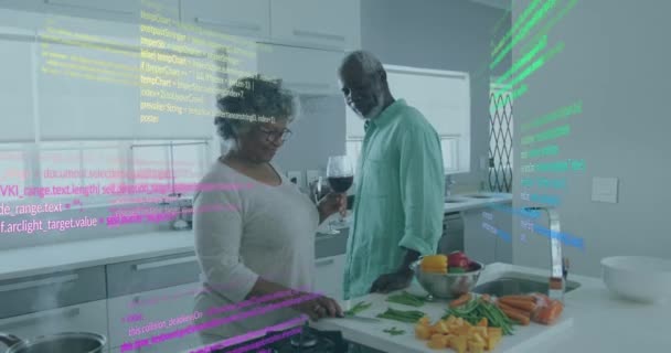 Animación Del Procesamiento Datos Sobre Pareja Afroamericana Mayor Preparando Cena — Vídeos de Stock