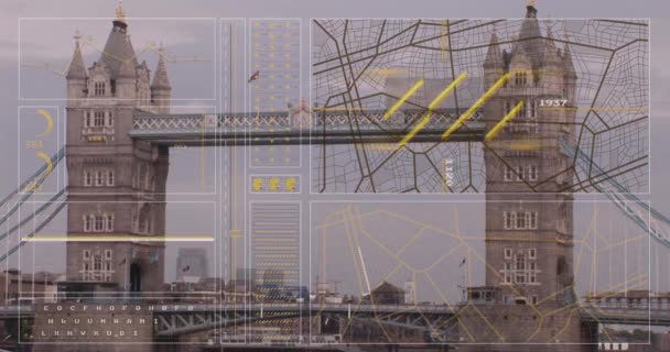 Animacja Interfejsu Przetwarzaniem Danych Widok Lotu Ptaka Londyńskiego Mostu Interfejs — Wideo stockowe